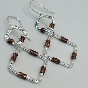 Hammered Drop Silver and Copper Earrings